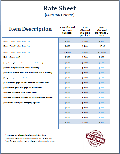 rate sheet