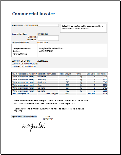 Free Commercial Invoice Template