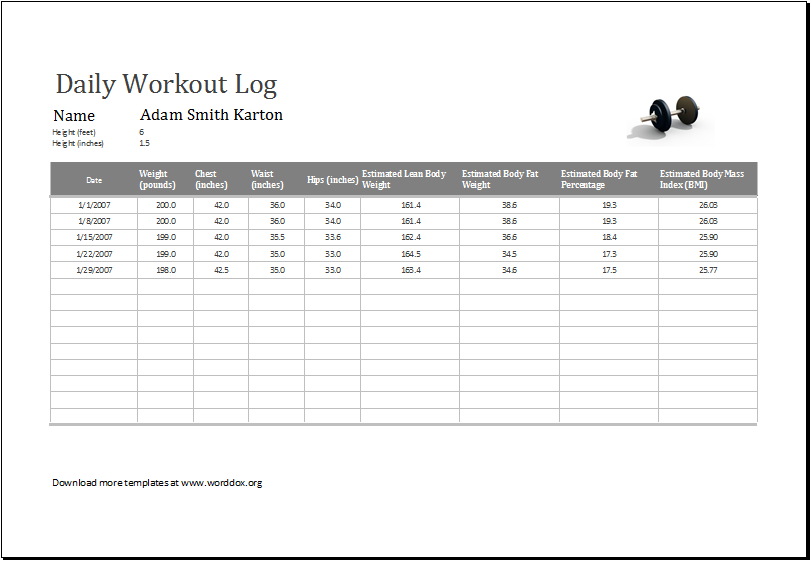 Daily Workout Log MS Excel Editable Printable Template Word Excel 
