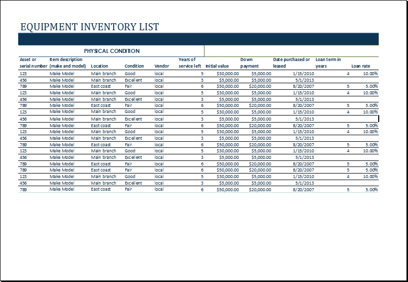 Ms Excel Equipment Inventory List Template Excel Templates Schedule