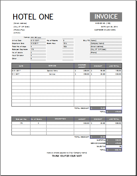 Hotel Invoice Template for EXCEL  Word & Excel Templates