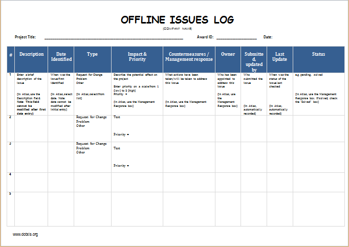 Issues Log Template Excel