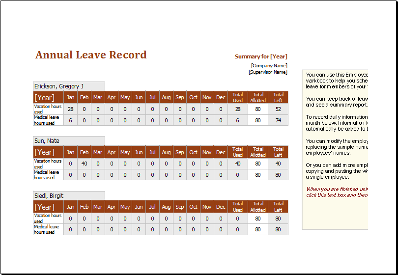 Employee Annual Leave Record Spreadsheet Word & Excel Templates