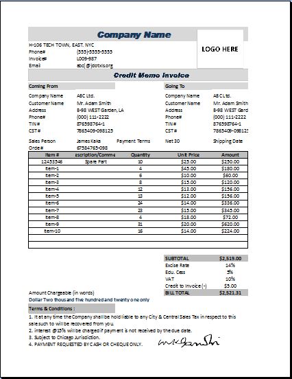 Credit Memo Invoice Excel Format