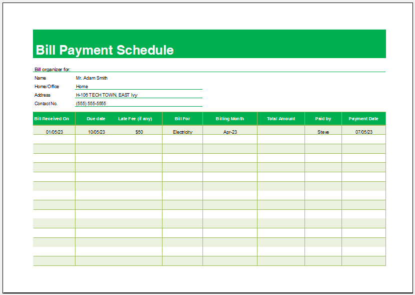 Bill payment schedule template