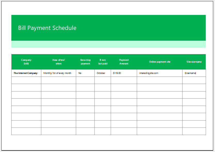 Bill payment schedule template