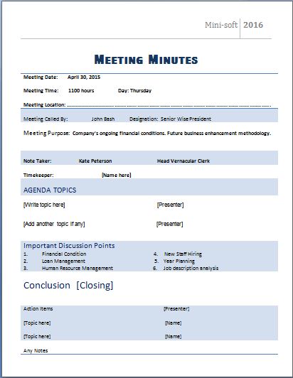 Formal Meeting Minutes Template