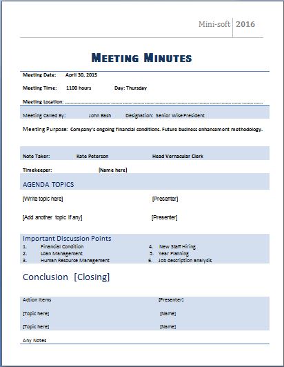 Minutes Of Meeting Template from www.dotxls.org