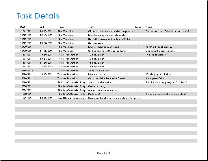 Project Activity or Task List Template