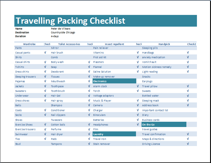 travel checklist excel template