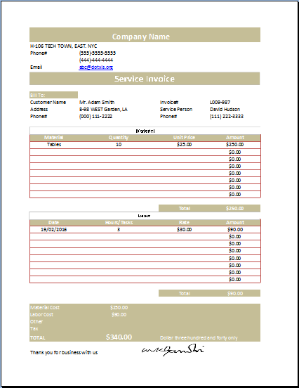 Business Service Invoice with Unit Price