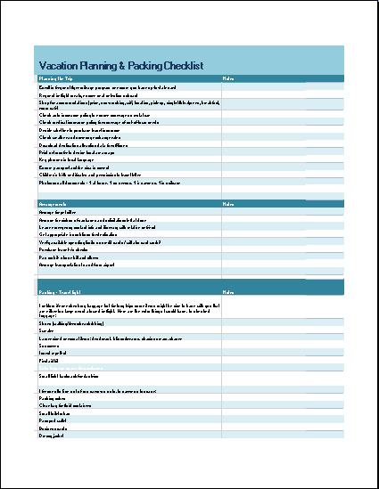 Vacation Planning and Packing Checklist