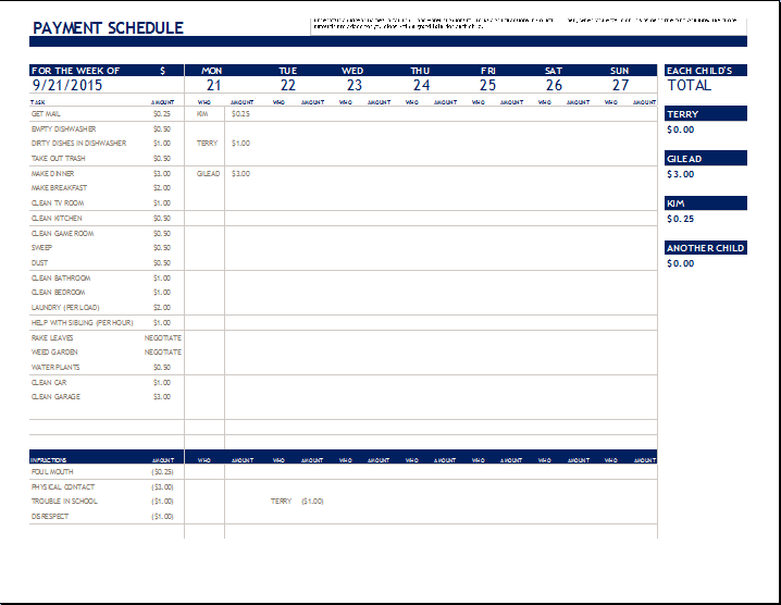 MS Excel Chore Payment Schedule