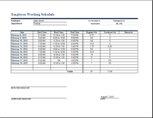 Employee work schedule template