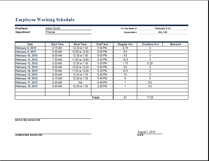 Employee Work Schedule Worksheet