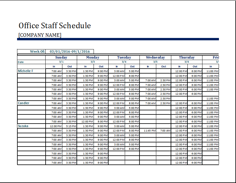 Office Staff Schedule Template