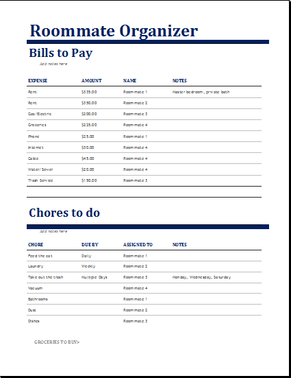 Roommate Organizer Template