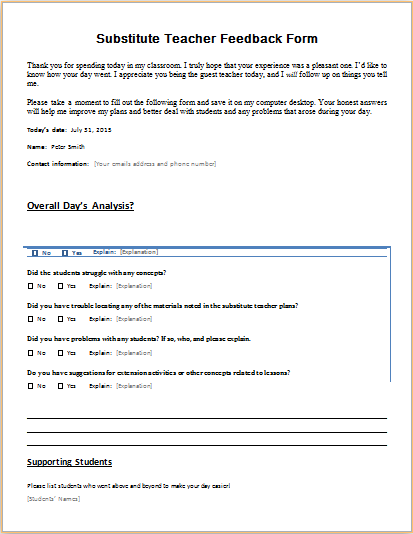 substiture teacher feedback form