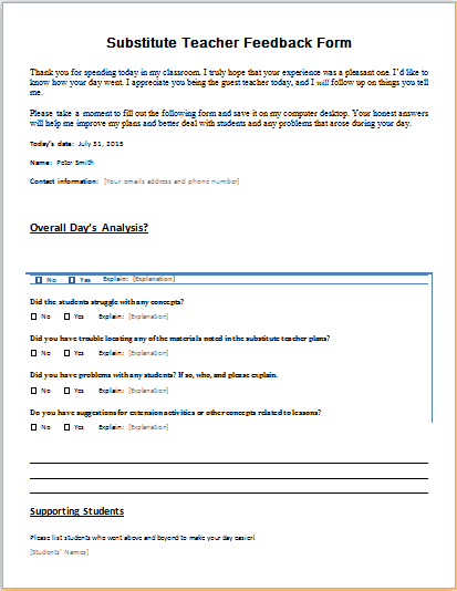 Substitute Teacher Feedback Form