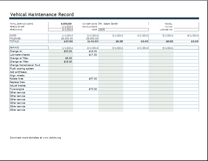 Vehicle Maintenance or Service Record Log