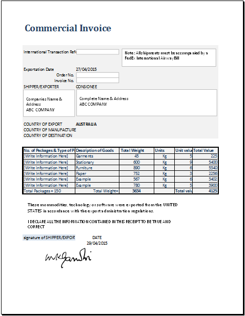 Commercial Invoice Template For Ms Excel Word Excel Templates