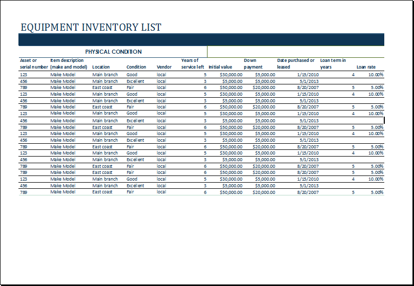 Equipment inventory template