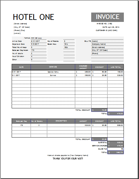 Hotel Invoice Template For Excel Word Excel Templates