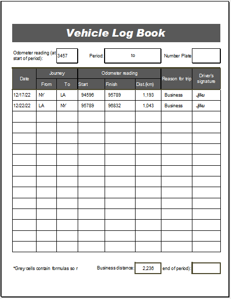 Vehicle logbook template