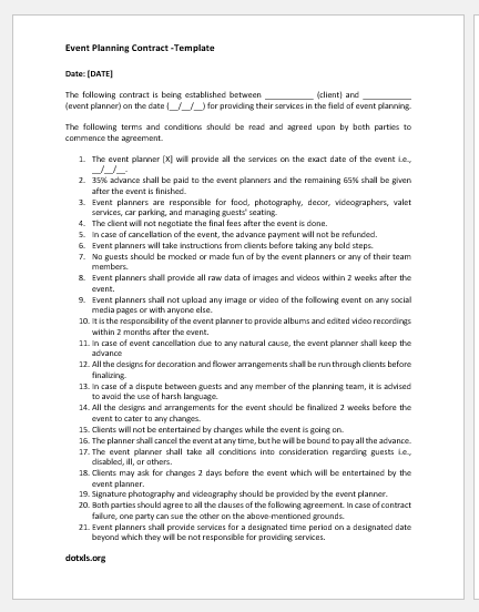 Event planning contract template