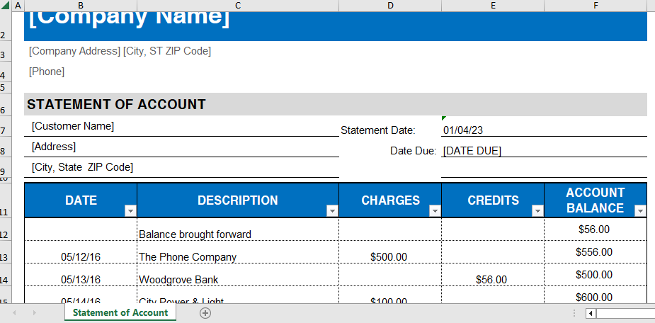 Statement of account worksheet for business