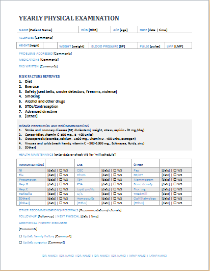 Physical Exam Template Form from www.dotxls.org