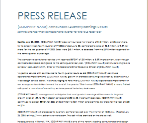 Quarterly Earning Press Release Template