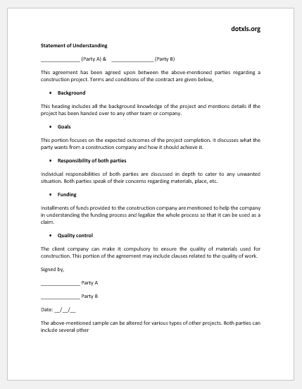 Statement of understanding template