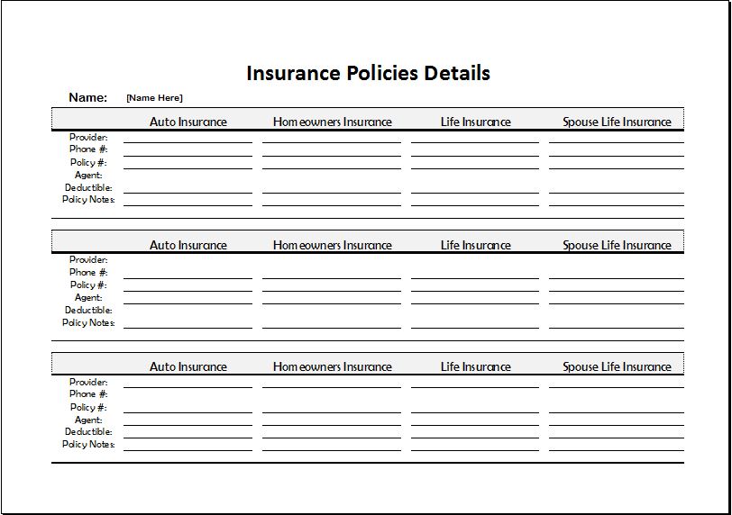 Insurance Policies Record Sheet