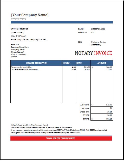 Notary Invoice Template for EXCEL