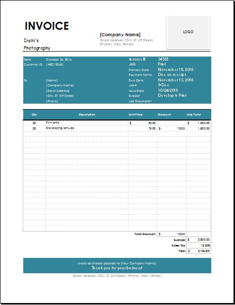 photography invoice template for EXCEL