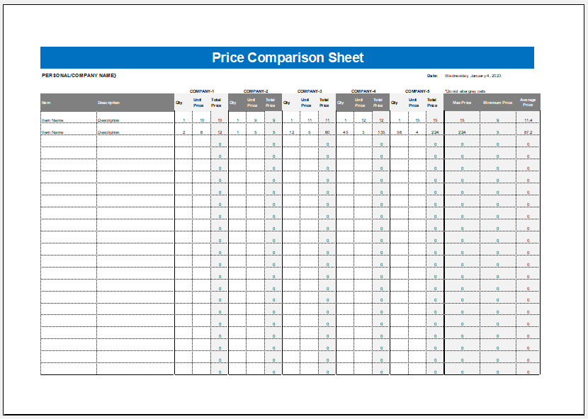 Price comparison worksheet template for Excel