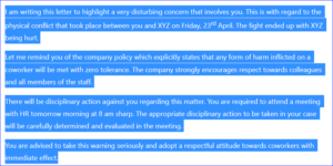 Warning letter for physical harm to coworkers