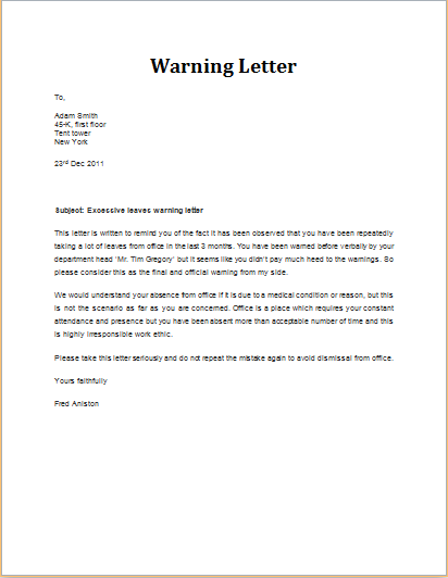 Excessive Leaves Warning Letter