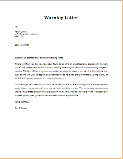 unprofessional behavior warning letter