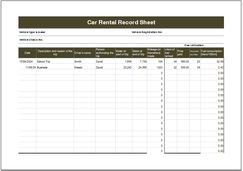 Car rental record sheet