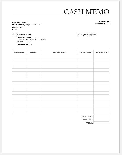 MS Word cash memo template