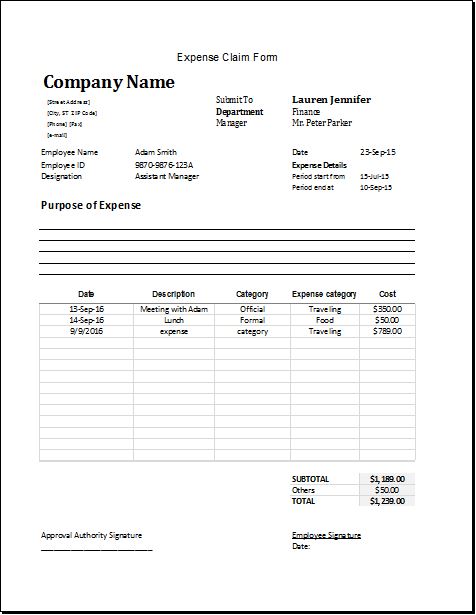 Expense claim form template for Excel