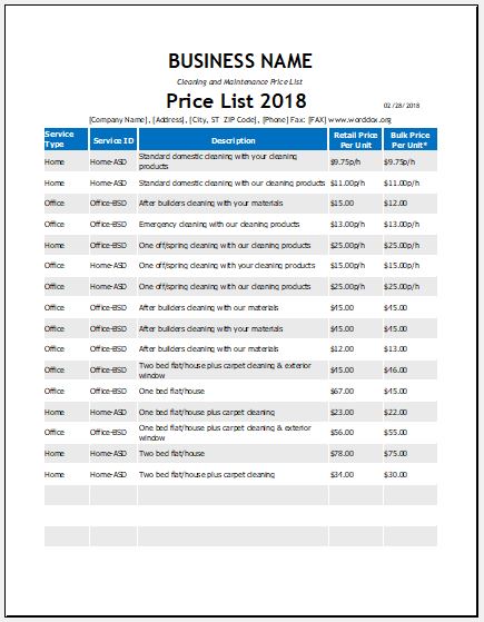Cleaning service price list template