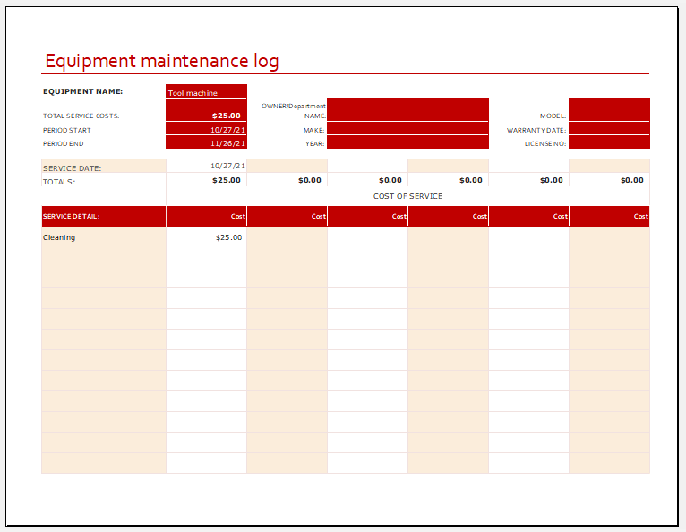 Equipment Maintenance Log for Excel
