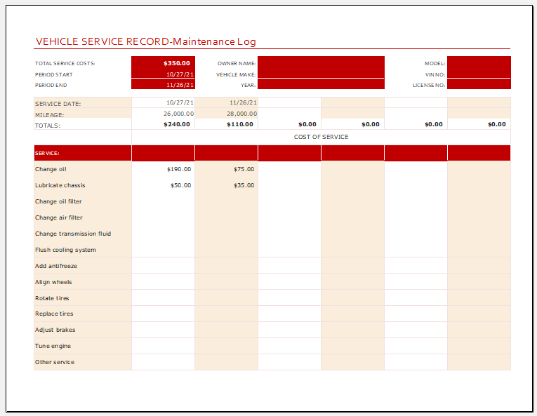 Vehicle Maintenance Log for Excel