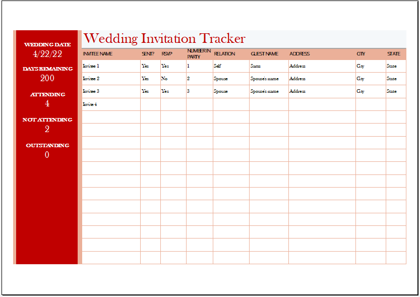 Wedding Invitation Tracker Template for .xls Download FREE