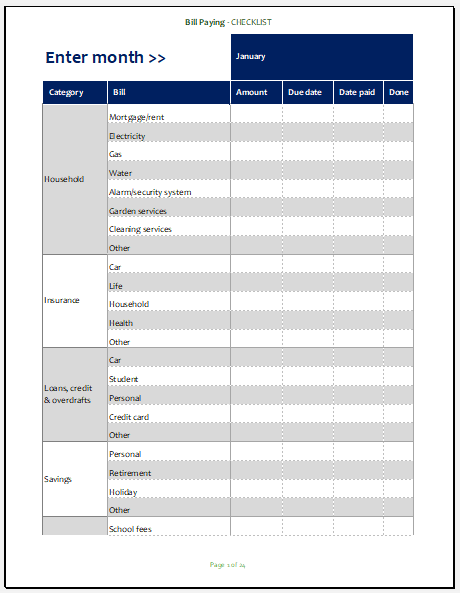 Bill paying checklist template