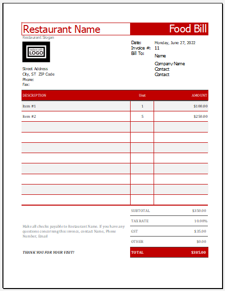 Food Bill Format with GST