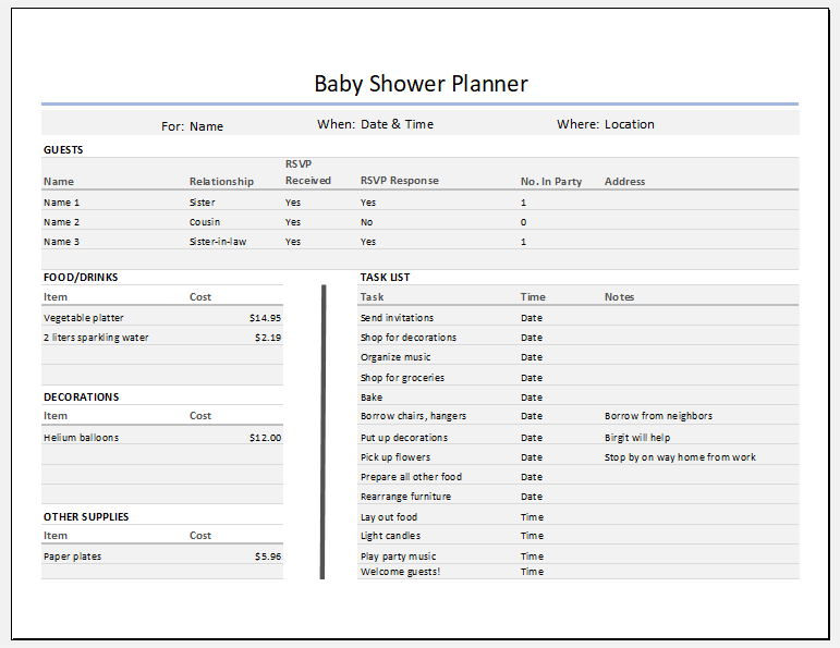 Baby Shower Guest Food & Task Planner